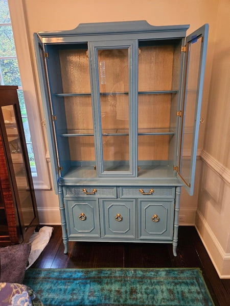 Vintage Broyhill Furniture Faux Bamboo Two-Piece Arched Top China Cabinet Available to Customize! - Hibiscus House