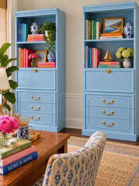 RARE Vintage Broyhill Furniture Faux Bamboo Bookcase Pair Available for Custom Lacquer!
