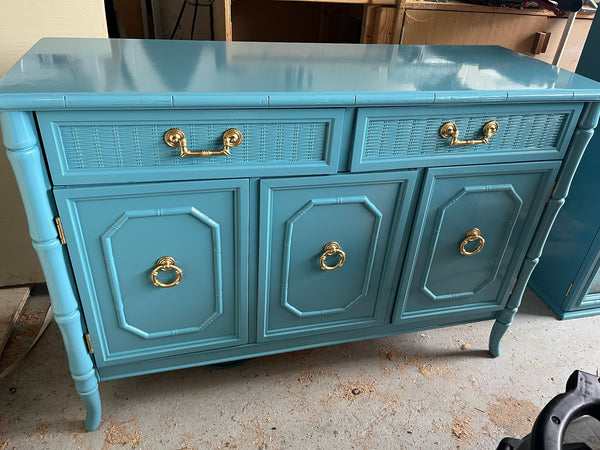 Vintage Broyhill Furniture Faux Bamboo Two-Piece China Cabinet Available for Custom Lacquer - Hibiscus House