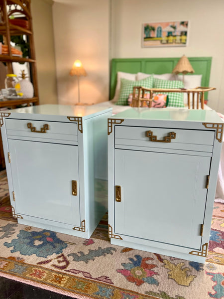 Vintage Bassett Furniture Chinoiserie Style Tall Nightstand Pair in Watery Available & Ready to Ship