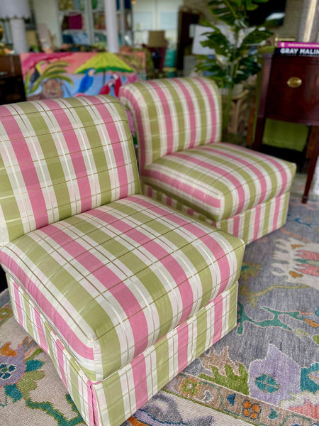 Vintage Pair of Pink and Green Plaid Slipper Chairs Ready to Ship - Hibiscus House