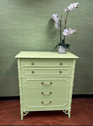 Vintage Thomasville Allegro Bamboo Tallboy Chest Lacquered in "Light Green" Ready to Ship!