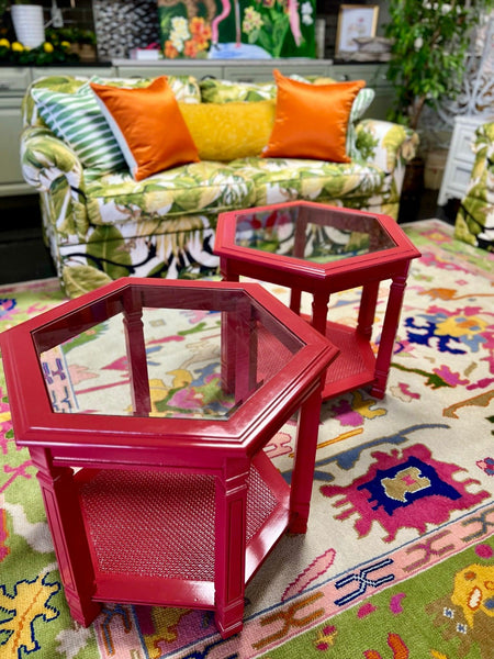 Vintage Octagon Shaped Side Table Pair Lacquered in Chili Pepper Ready to Ship! - Hibiscus House