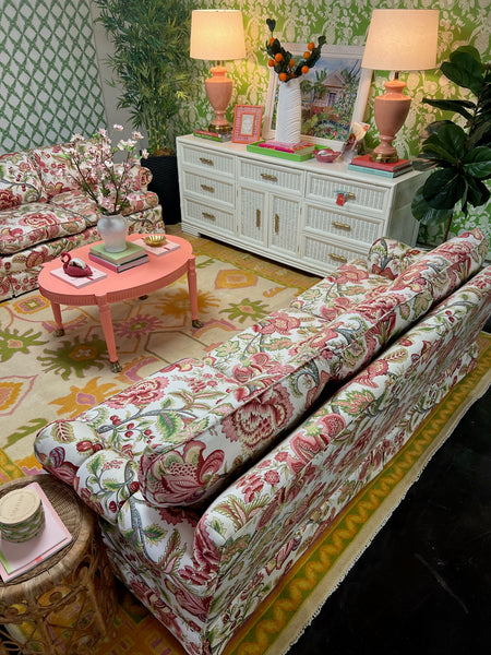 Pair of Vintage Baker Furniture Chinoiserie Sofas in Robert Allen Summerlin Geranium Fabric Ready to Ship!