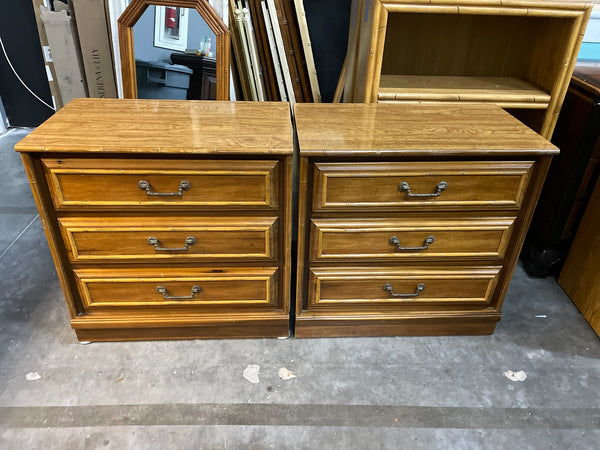 Pair of Vintage FLA Furniture LARGE Three Drawer Bamboo Nightstands Available for Custom Lacquer