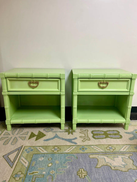 Vintage Kroehler Furniture Faux Bamboo Open Shelf Nightstand Pair in Lime Twist Ready to Ship - Hibiscus House