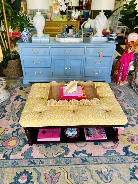 Vintage Bassett Furniture Yellow Tufted Ottoman Coffee Table Ready to Ship! - Hibiscus House