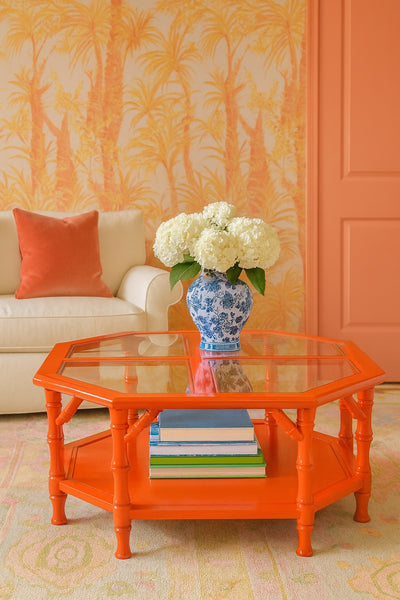 Vintage Faux Bamboo Glass Top Coffee Table by Mersman Furniture Available for Custom Lacquer! - Hibiscus House