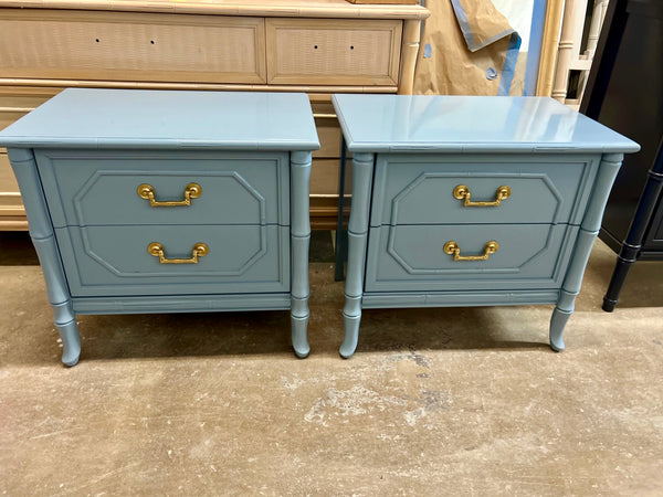 Vintage Pair of Broyhill Furniture Faux Bamboo Two Drawer Nightstands Available for Custom Lacquer