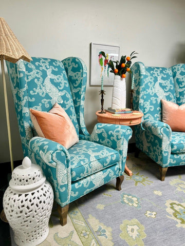 CR Laine Wingback Chair Pair Upholstered in Kravet Pisces Aegean Fabric Ready To Ship - Hibiscus House