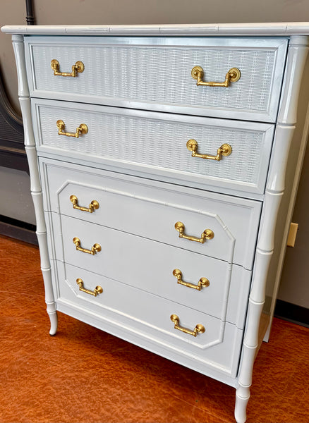 Broyhill Bamboo Tallboy Chest of Drawers Lacquered in Blue Heather Ready to Ship - Hibiscus House