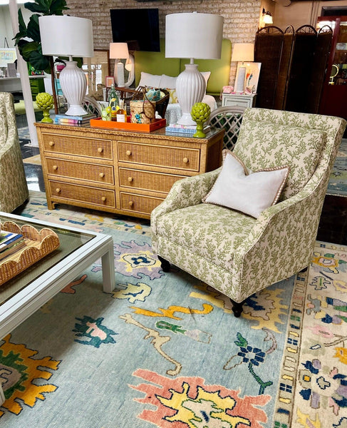 Pair of Green & White Custom Upholstered Armchairs from The Breakers Ready to Ship! - Hibiscus House