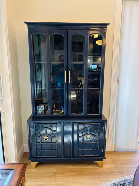 Vintage Faux Bamboo China Cabinet with Fretwork Detailing Available for Custom Lacquer! - Hibiscus House