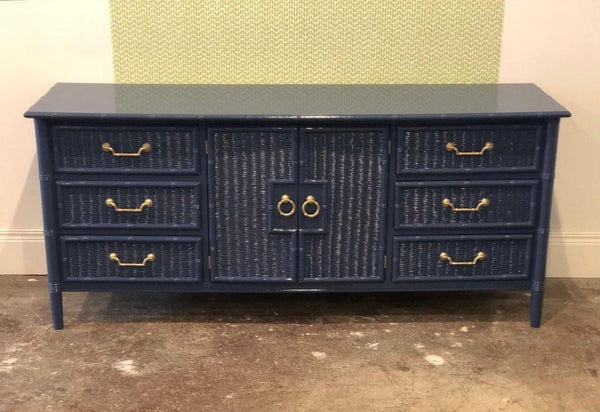 Vintage Dixie Furniture Wicker Front Bamboo All Wood Credenza Available for Custom Lacquer - Hibiscus House