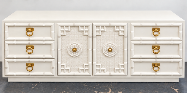 Vintage Faux Bamboo + Greek Key Credenza Dresser Available for Custom Lacquer! - Hibiscus House