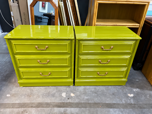 Pair of Vintage FLA Furniture LARGE Three Drawer Bamboo Nightstands Available for Custom Lacquer