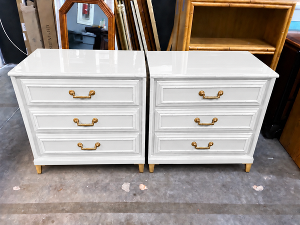 Pair of Vintage FLA Furniture LARGE Three Drawer Bamboo Nightstands Available for Custom Lacquer