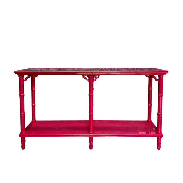 Vintage Faux Bamboo and Cane Two-Tier Glass Top Console Table with Fretwork Available for Custom Lacquer! - Hibiscus House