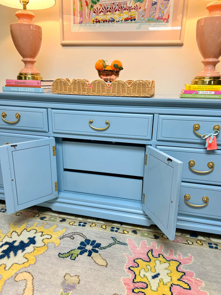 Vintage Chinoiserie Style Credenza by Bassett Furniture Lacquered in Colonial Blue Ready to Ship!