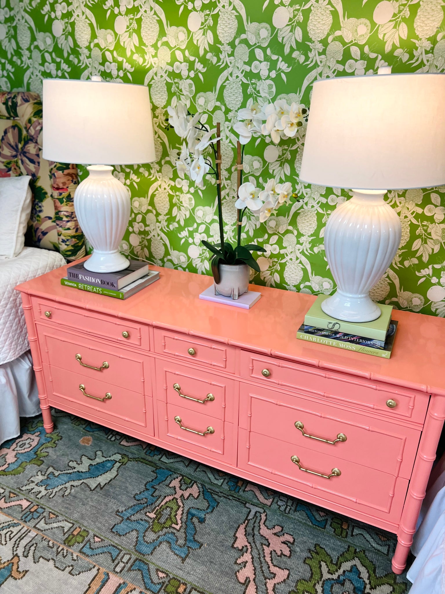 Vintage Thomasville Allegro Faux Bamboo Nine Drawer Dresser Lacquered in Coral Gables - Ready to Ship!