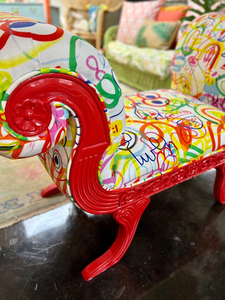 Art Deco Custom Graffiti Scrolled Red Lacquered Bench Settee Ready to Ship! - Hibiscus House