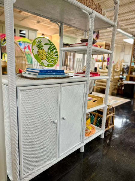 Vintage White Rattan Media Cabinet Etagere Available and Ready to Ship! - Hibiscus House