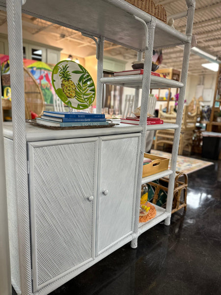 Vintage White Rattan Media Cabinet Etagere Available and Ready to Ship! - Hibiscus House