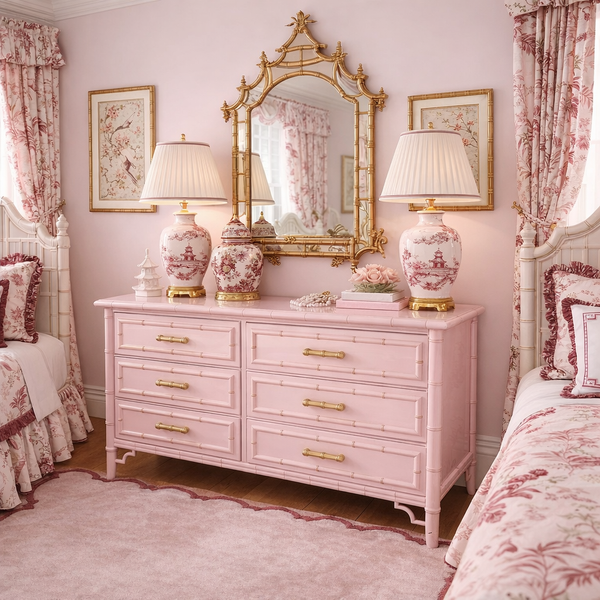 Vintage Dixie Aloha Six Drawer Bamboo Dresser with Fretwork Available for Lacquer Customization - Hibiscus House