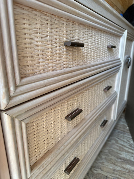 Vintage Bassett Bamboo & Cane Front Two Piece China Cabinet Available for Custom Lacquer!