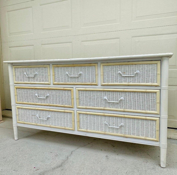 Vintage Dixie Furniture Company Faux Bamboo and Wicker Front Seven Drawer Dresser Available for Custom Lacquer - Hibiscus House