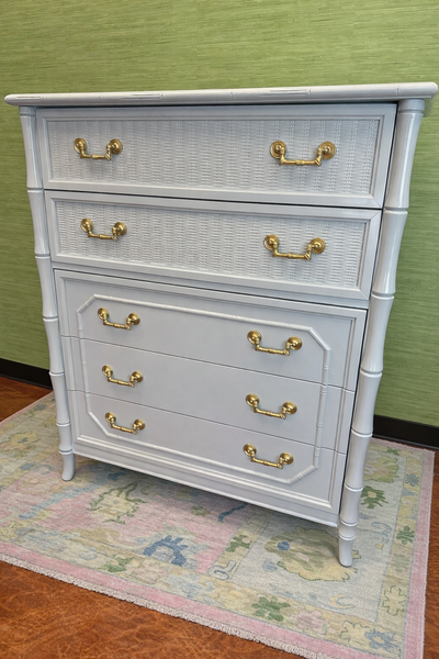 Broyhill Bamboo Tallboy Chest of Drawers Lacquered in Blue Heather Ready to Ship