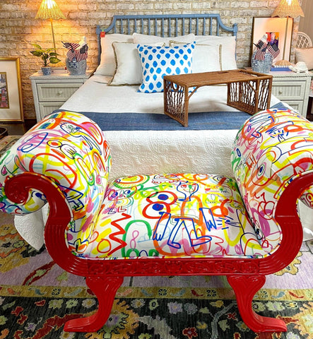 Art Deco Custom Graffiti Scrolled Red Lacquered Bench Settee Ready to Ship! - Hibiscus House