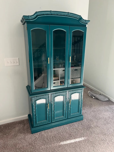 Vintage Bassett Bamboo & Cane Front Two Piece China Cabinet Available for Custom Lacquer!