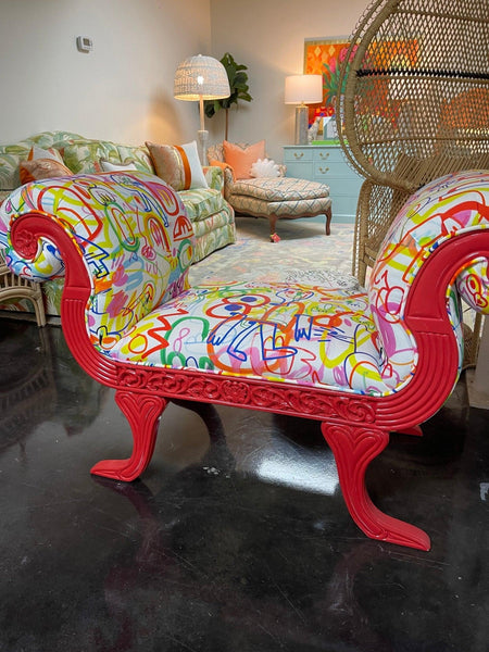 Art Deco Custom Graffiti Scrolled Red Lacquered Bench Settee Ready to Ship! - Hibiscus House