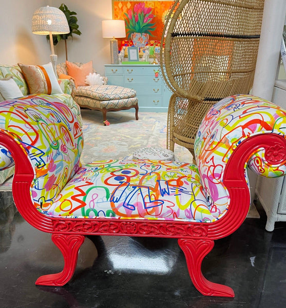 Art Deco Custom Graffiti Scrolled Red Lacquered Bench Settee Ready to Ship! - Hibiscus House