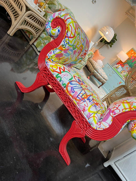 Art Deco Custom Graffiti Scrolled Red Lacquered Bench Settee Ready to Ship! - Hibiscus House