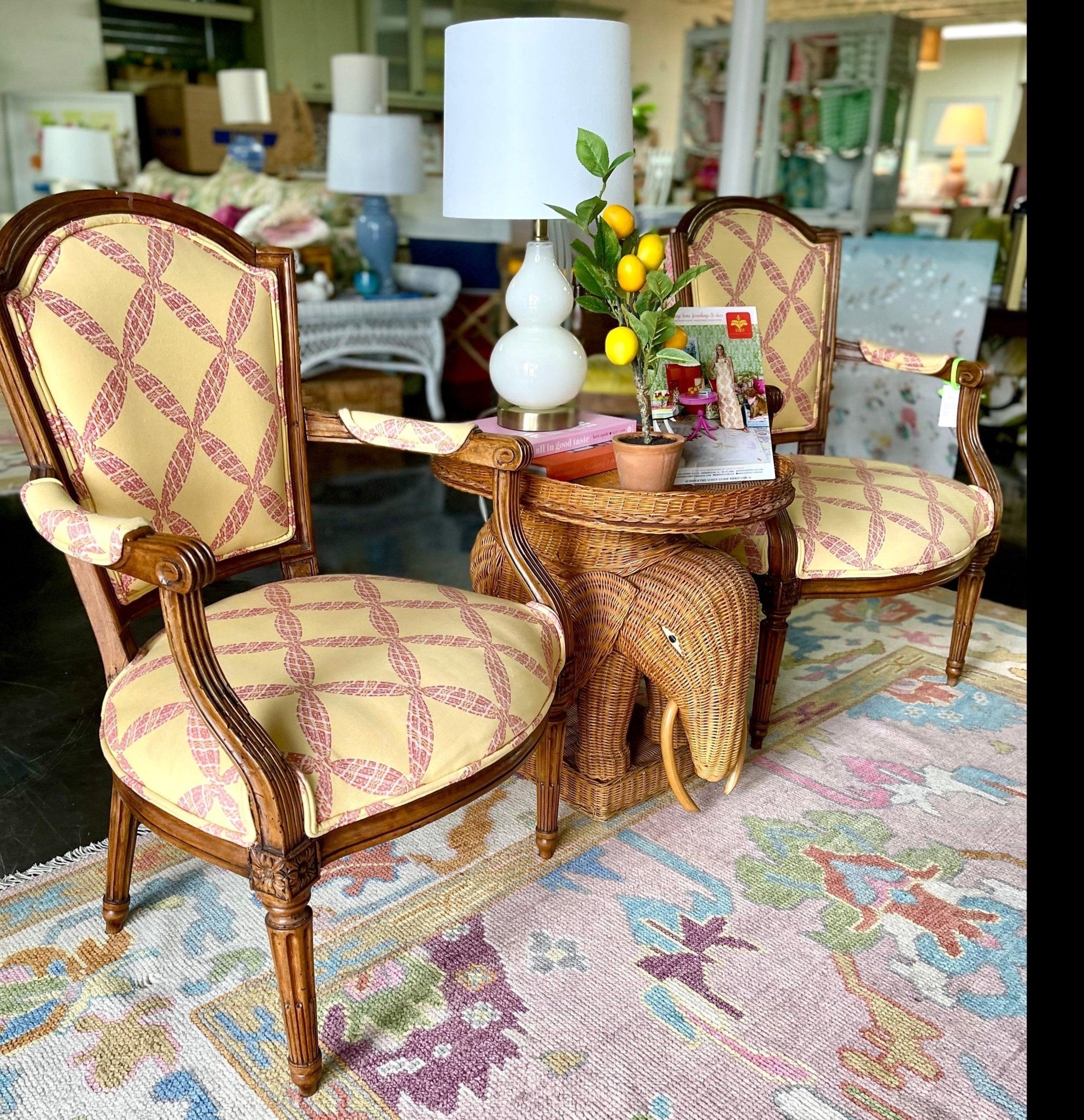 Vintage Louis XV Style Antique Petite Yellow & Pink Armchairs Ready to Ship - Hibiscus House