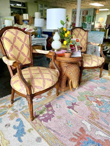 Vintage Louis XV Style Antique Petite Yellow & Pink Armchairs Ready to Ship - Hibiscus House