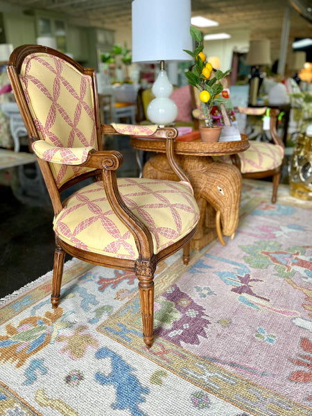 Vintage Louis XV Style Antique Petite Yellow & Pink Armchairs Ready to Ship - Hibiscus House