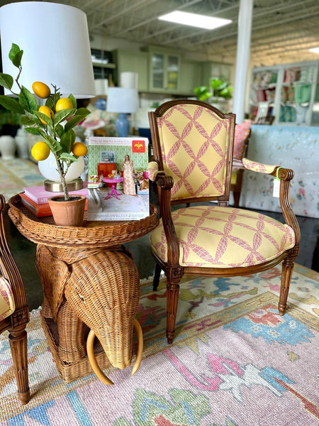 Vintage Louis XV Style Antique Petite Yellow & Pink Armchairs Ready to Ship - Hibiscus House