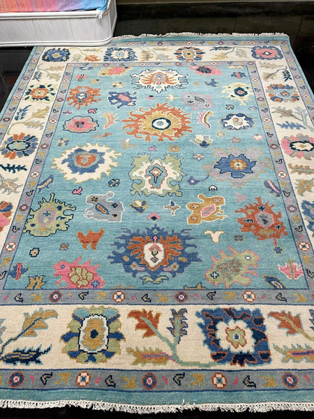 Turquoise, Cream, and Orange Persian Hand-Knotted 8x10 Rug (Free Shipping!) - Hibiscus House