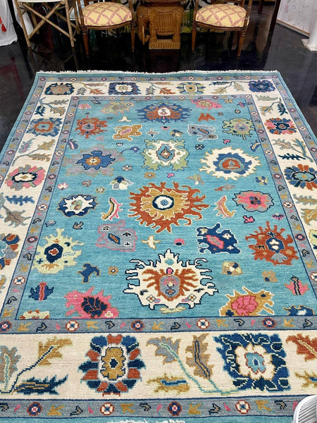 Turquoise, Cream, and Orange Persian Hand-Knotted 8x10 Rug (Free Shipping!) - Hibiscus House