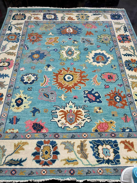 Turquoise, Cream, and Orange Persian Hand-Knotted 8x10 Rug (Free Shipping!) - Hibiscus House