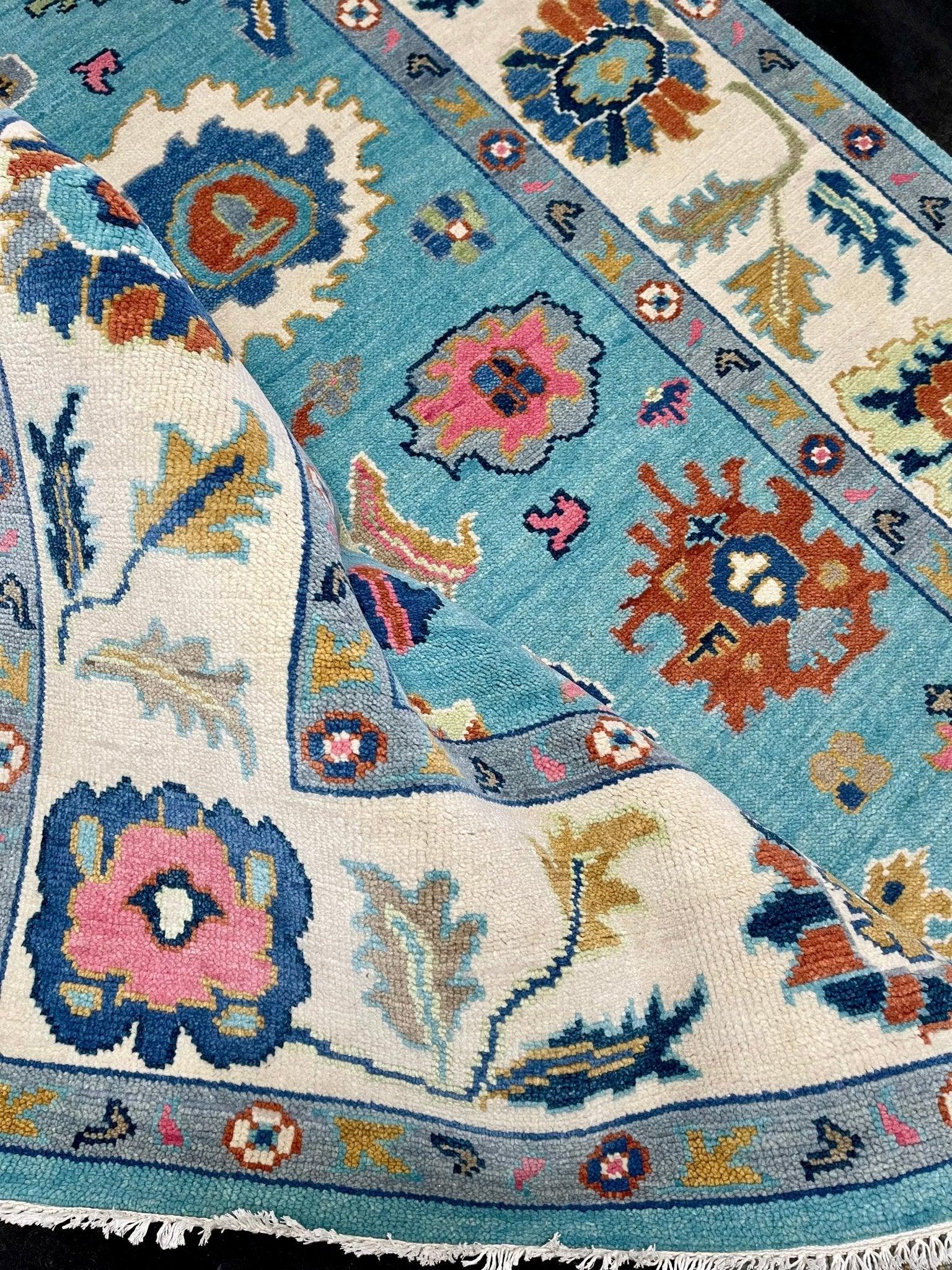 Turquoise, Cream, and Orange Persian Hand-Knotted 8x10 Rug (Free Shipping!) - Hibiscus House