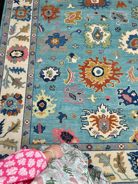 Turquoise, Cream, and Orange Persian Hand-Knotted 8x10 Rug (Free Shipping!) - Hibiscus House