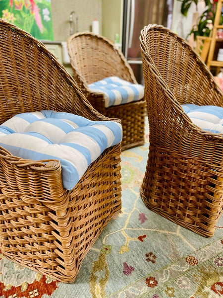 Set of Four Vintage Barrel Back Chairs with Blue & White Striped Cushions - Hibiscus House