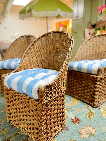 Set of Four Vintage Barrel Back Chairs with Blue & White Striped Cushions - Hibiscus House