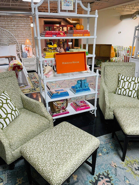 Pair of Green & White Custom Upholstered Armchairs with Matching Ottomans Ready to Ship - Hibiscus House