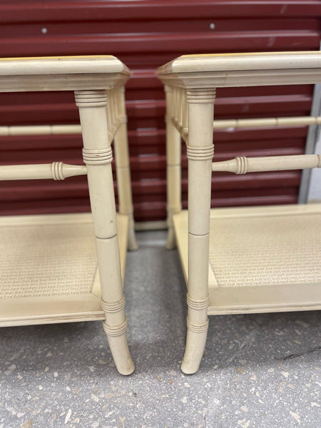 Vintage Glass Top Faux Bamboo and Cane End Table Pair with Fretwork Detail Available for Custom Lacquer!