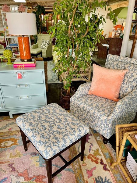 Pair of Blue & White Custom Upholstered Armchairs with Matching Ottomans Ready to Ship! - Hibiscus House